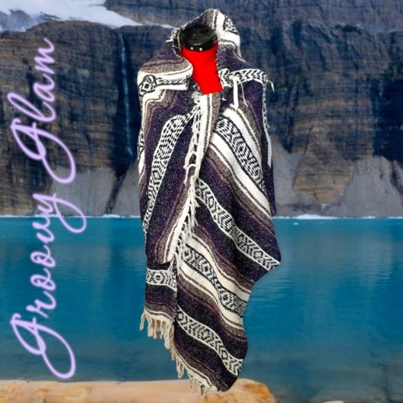 GROOVY GLAM Handmade Leather Fringed Concho Purple Falsa Blanket Wrap Shawl - Picture 1 of 6